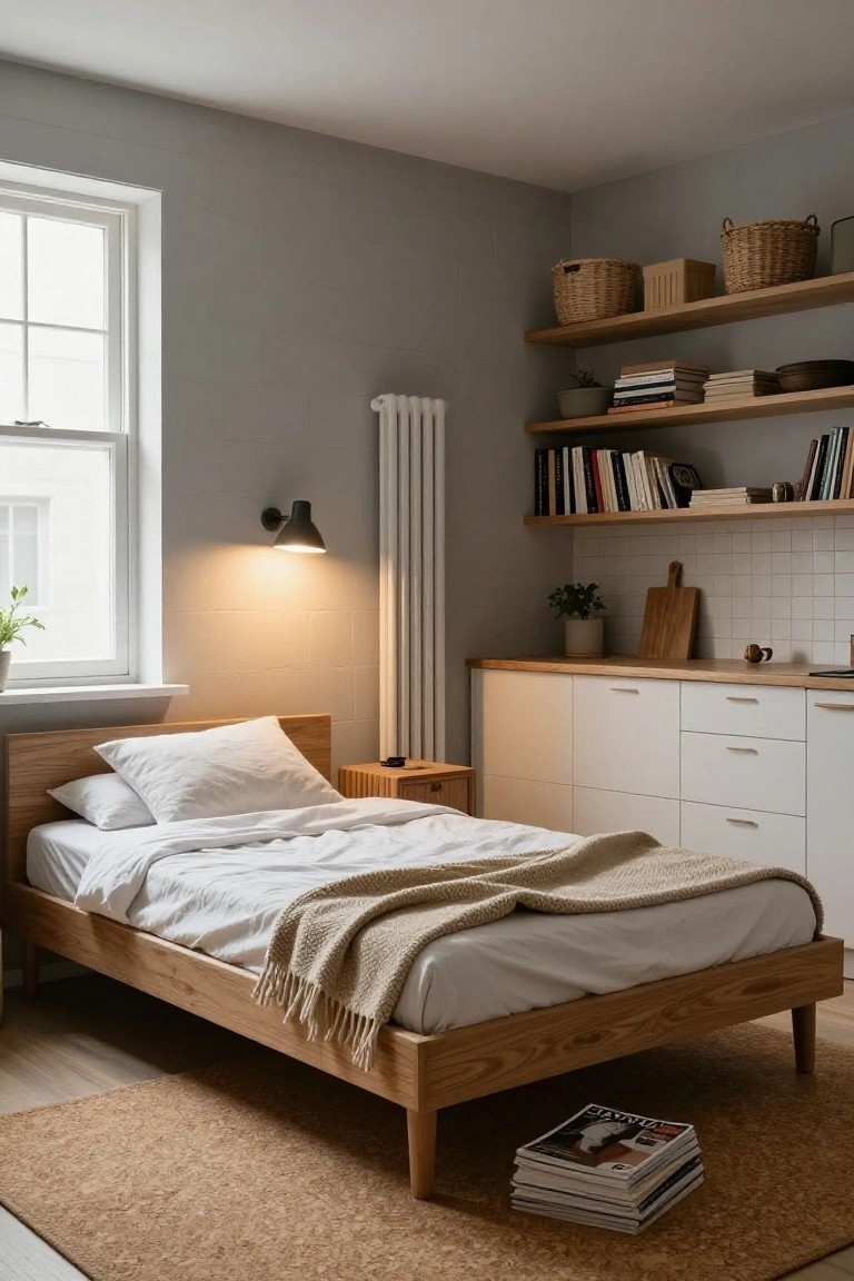 Small indoor studio room featuring a wooden bed with white linens, adjacent white kitchen cabinets with oak tops, open wooden shelves stocked with books and baskets, a radiator, and a window with plants.