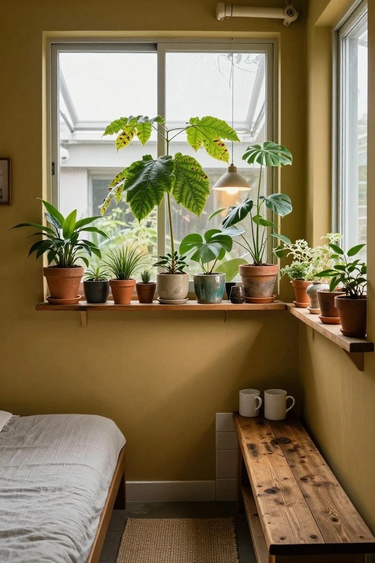 Corner of a small yellow-walled room with a wooden windowsill shelf holding many potted houseplants like monstera and philodendron, a low bed nearby, wooden bench with two white mugs, and natural light from large windows.