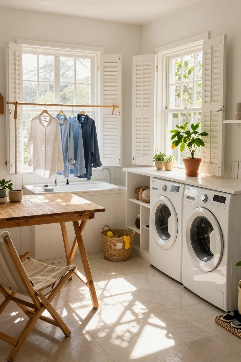 Bright white laundry room featuring two white washer-dryer units, a wooden folding table with chair, clothes hanging to dry on a bamboo rod by a window with shutters, plants, a sink tub, and tiled floor.