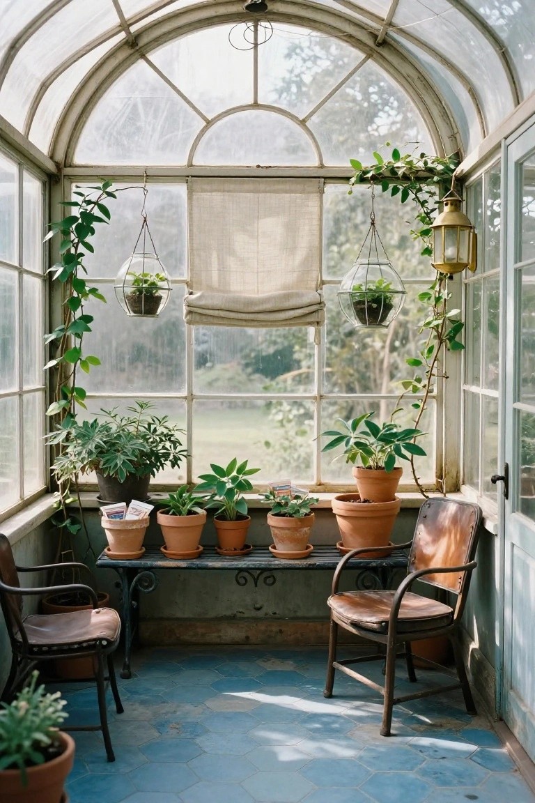 Bright, cozy greenhouse with hanging plants, potted flowers, and rustic wooden chairs.