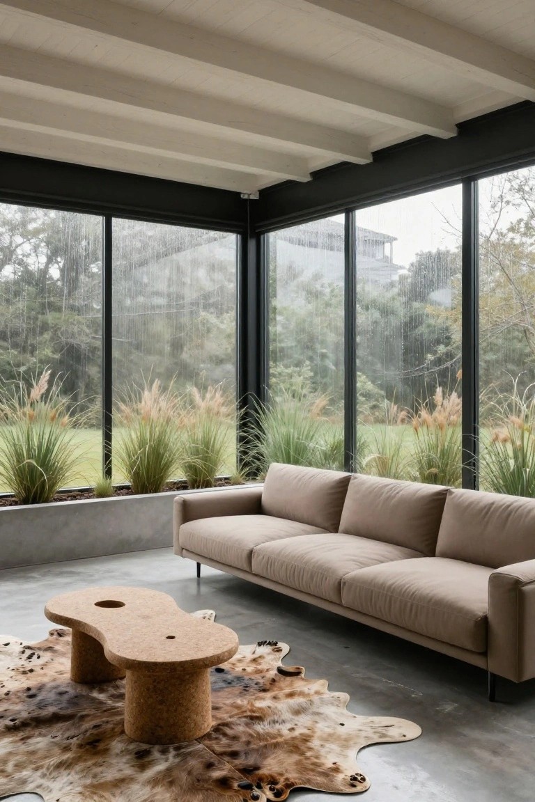 Sunroom interior with low beige sofa, sculptural cork coffee table featuring cutouts and dual pedestals, cowhide rug on concrete floor, potted pampas grass along glass walls, wood beam ceiling, and view of rainy garden outside.