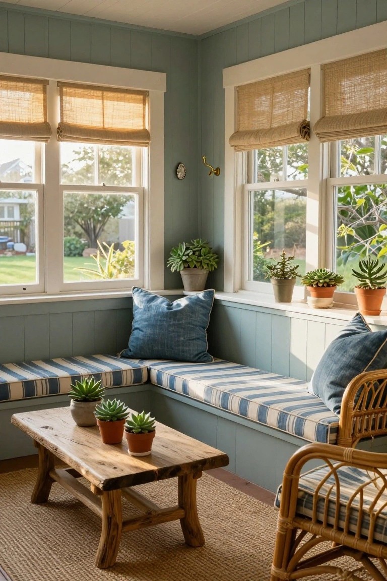 Light blue shiplap-walled sunroom corner with L-shaped cushioned bench along large windows draped in bamboo shades, wooden coffee table holding potted succulents, additional plants on sills and floor, and a wicker armchair.