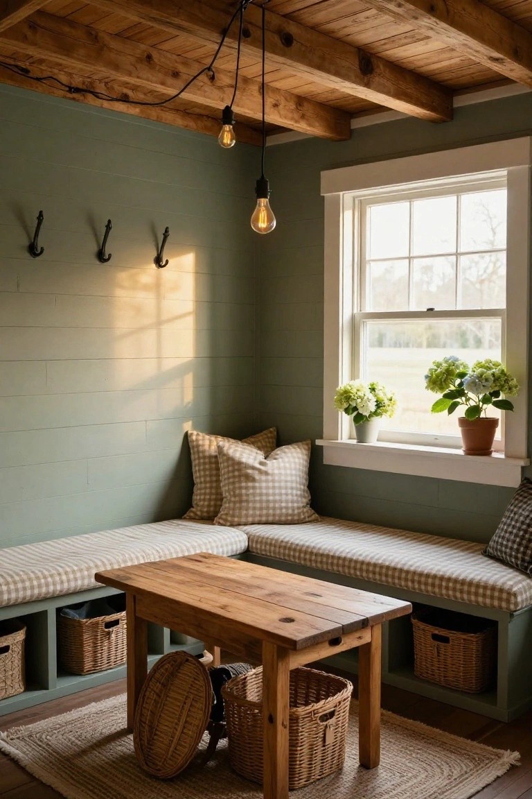 Sage green shiplap-walled corner room with built-in bench cushions, wooden coffee table, under-bench storage baskets, potted hydrangeas on wide window sill, coat hooks, and hanging bulb lights.