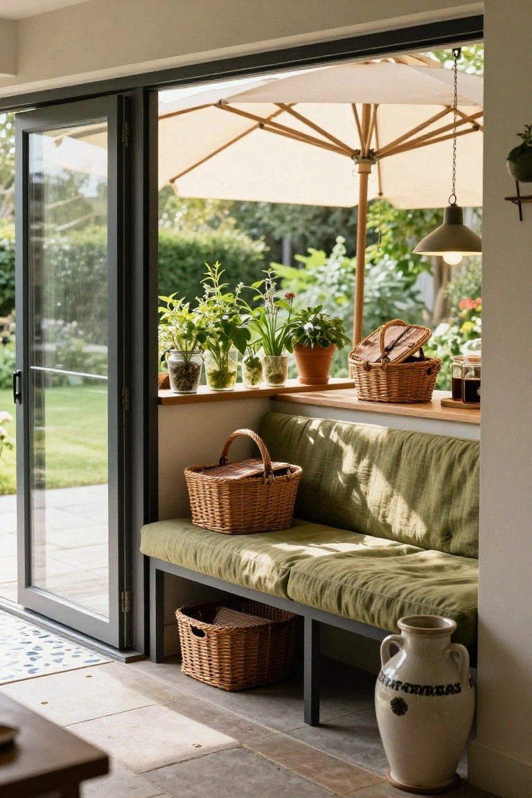 Sunroom interior with a green cushioned bench built along open black-framed sliding glass doors overlooking a garden, potted herbs on the wooden windowsill, woven baskets on and under the bench, and a large terracotta vase on the floor.