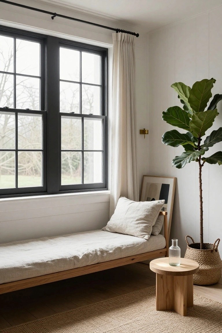 White paneled room with double black-framed windows overlooking outdoors, wooden daybed with beige cushions, tall fiddle leaf fig plant in basket, oak side table with glass vase, and seagrass rug on wood floor.
