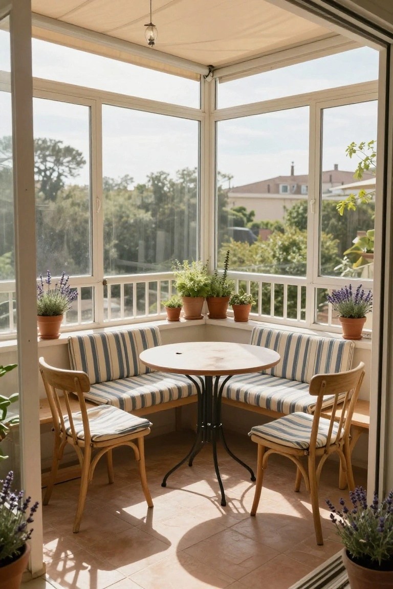 Glass-enclosed sunroom corner with built-in blue-and-white striped bench seating around a round wooden table, wooden chairs, potted plants including lavender, and outdoor views through large windows.