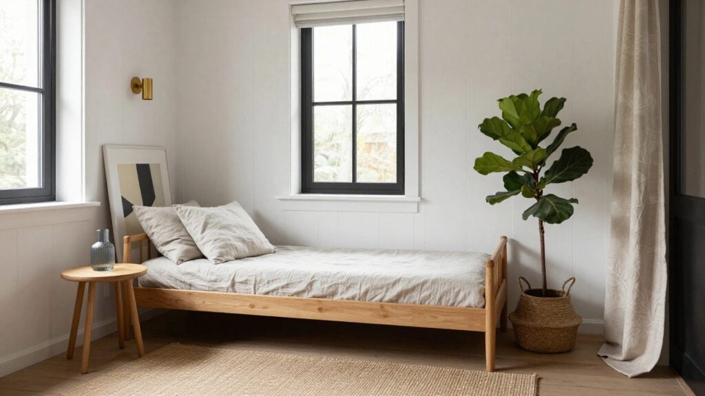 White paneled room with double black-framed windows overlooking outdoors, wooden daybed with beige cushions, tall fiddle leaf fig plant in basket, oak side table with glass vase, and seagrass rug on wood floor.