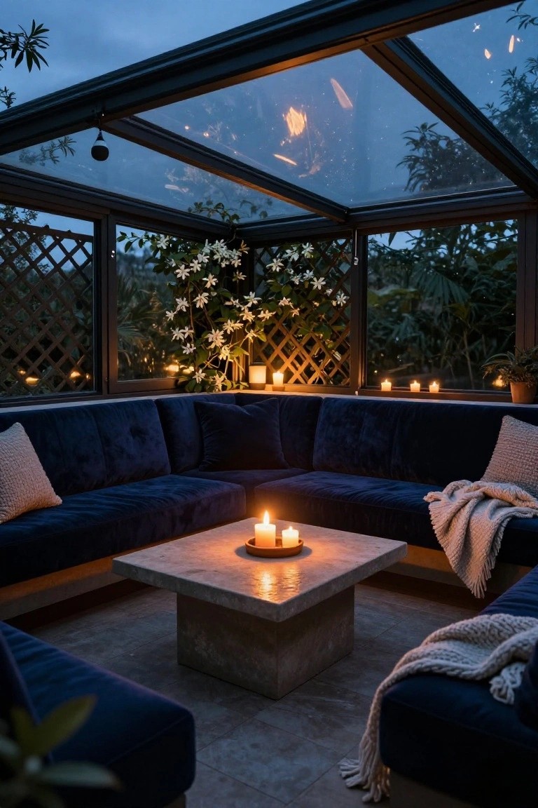 Glass-enclosed sunroom at dusk with L-shaped navy velvet sofa around a low stone table holding candles, surrounded by plants and lanterns.
