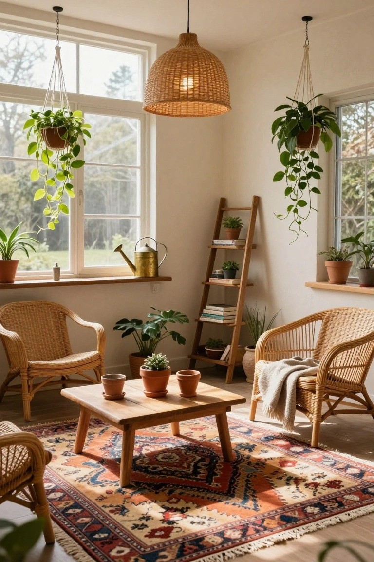 Sunroom with large windows overlooking greenery, rattan armchairs around a low wooden table on a patterned rug, ladder shelf with plants and books, hanging plants, potted plants throughout, brass watering can on windowsill, and woven pendant light.