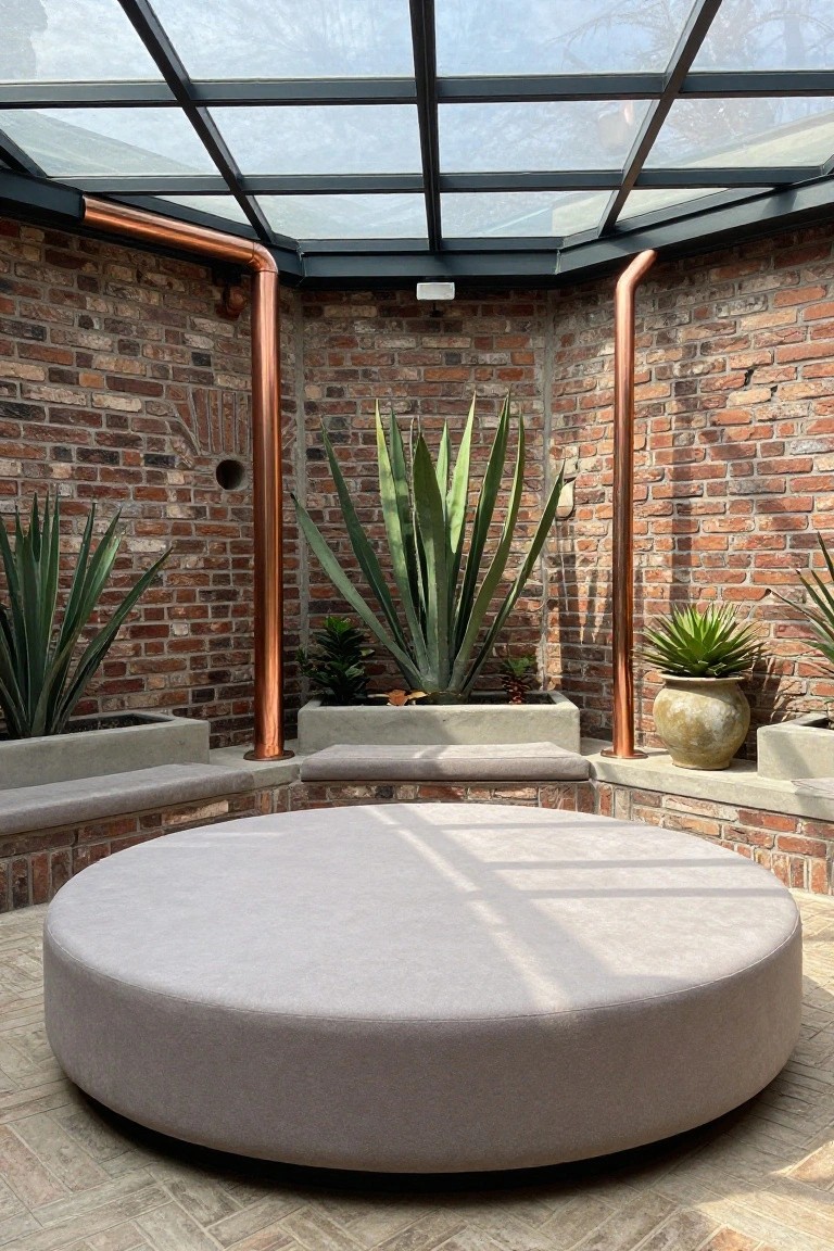Sunroom with exposed brick walls, glass-paneled ceiling, potted agave plants in concrete planters and terracotta pots, built-in benches, and a large gray round pouf ottoman in the center on a tiled floor.