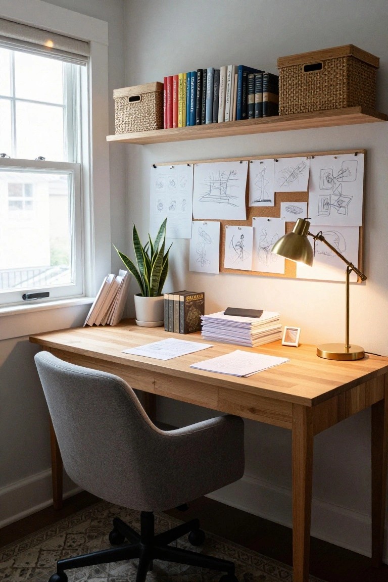 A light wood desk with papers and stacked books in a bright room, gray upholstered chair, overhead wooden shelves with colorful books and wicker baskets, corkboard wall pinned with sketches and drawings, snake plant in white pot, gold desk lamp, and large window with sheer shade.