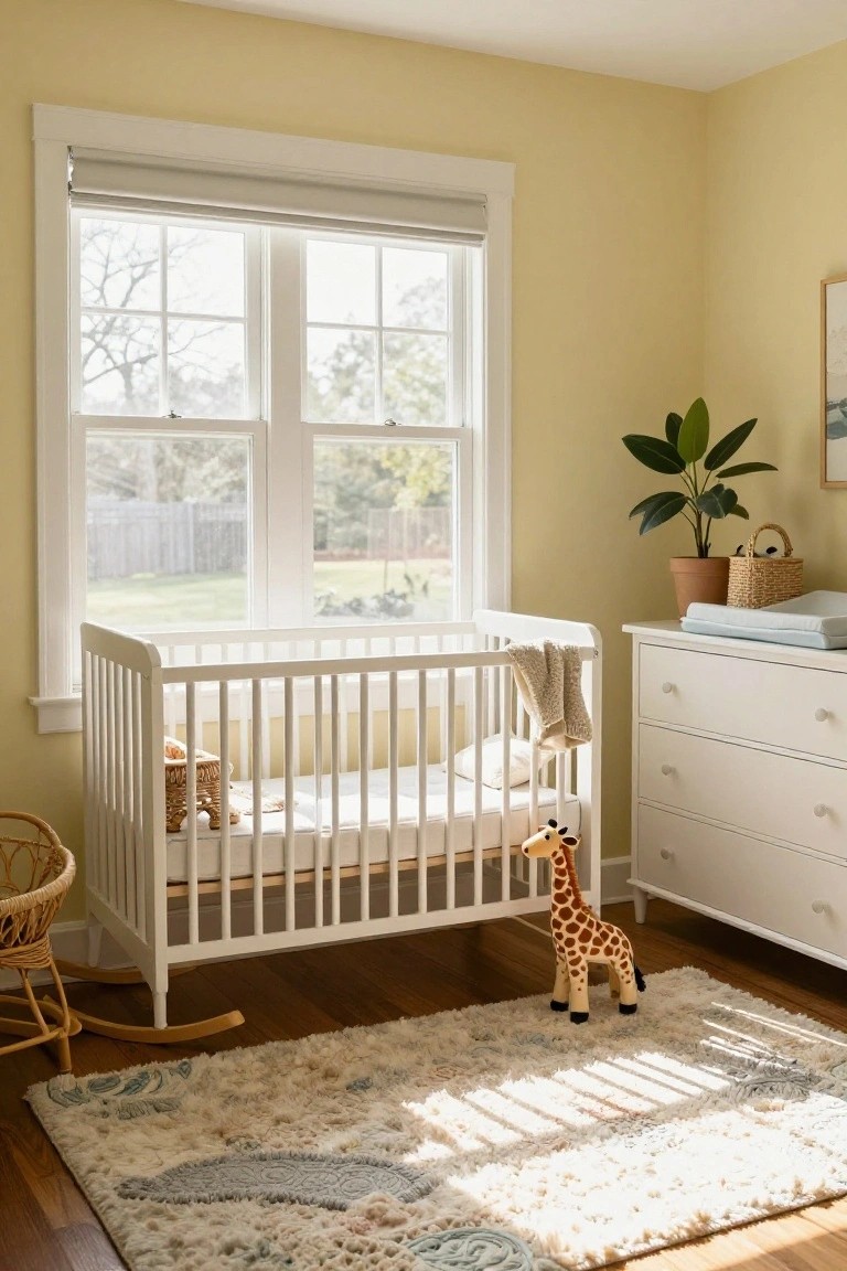 Pale yellow nursery room featuring a white crib with stuffed toys and blanket, adjacent white dresser with changing pad and potted plant, wicker rocking chair, tall giraffe plush on the floor, seagrass-patterned rug, and large window with sheer roller shade overlooking trees and yard.