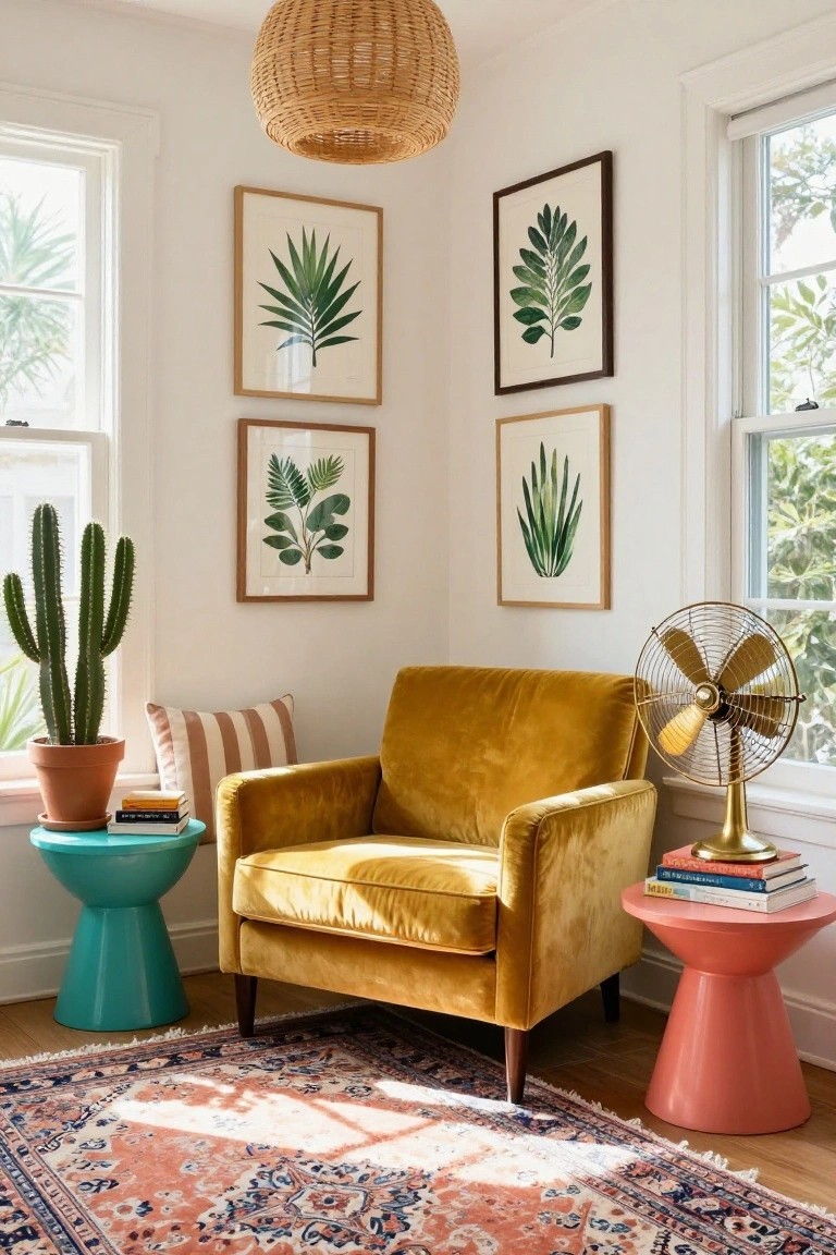 Corner of a sunlit white room with mustard yellow velvet armchair between turquoise pedestal table with books and potted cactus on left, and pink pedestal table with books and gold pedestal fan on right, botanical leaf prints on walls, woven pendant light overhead, and orange-patterned rug on wood floor.