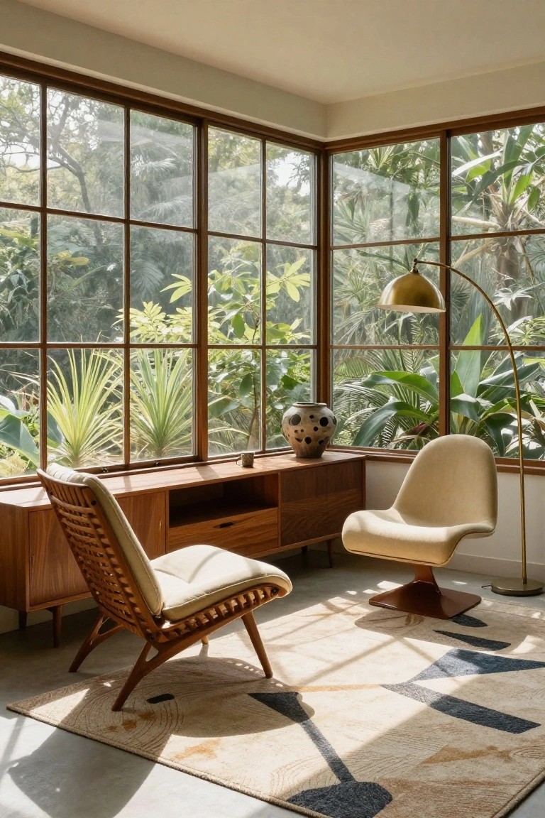 Bright corner sunroom interior with large wood-framed windows overlooking dense tropical greenery, wooden cabinets with cushions, a rattan lounge chair, molded beige chair, gold arc floor lamp, pottery vase, and beige rug with geometric patterns.