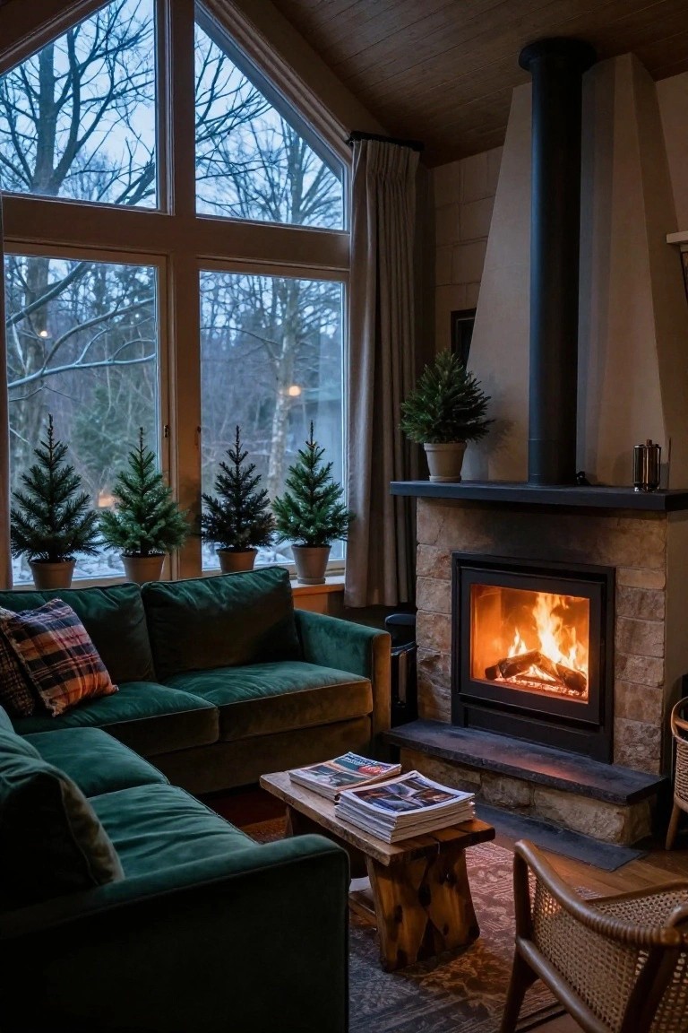 Sunroom interior with lit stone fireplace, L-shaped green velvet sofa, wooden stool coffee table holding magazines, large triangular windows showing snowy trees and woods outside, potted small fir trees on sills, wood-paneled ceiling and walls.