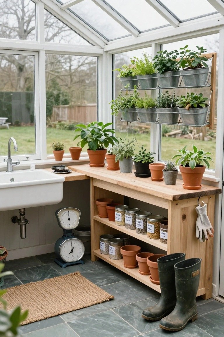 Greenhouse sunroom interior with wooden workbench, white sink, potted plants on shelves and hanging metal planters, storage jars, scale, and wellies on the floor.