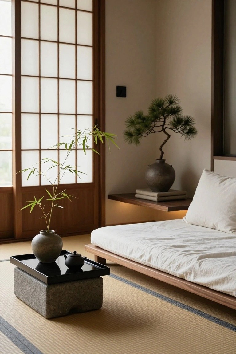 Minimalist Japanese-style interior room with beige tatami mat flooring, low wooden platform bed draped in white linens, potted bamboo plant in gray vase, bonsai pine in ceramic pot on shelf, stone-based black lacquer tray holding teapot next to gray stone vase, shoji screen window, and neutral walls.
