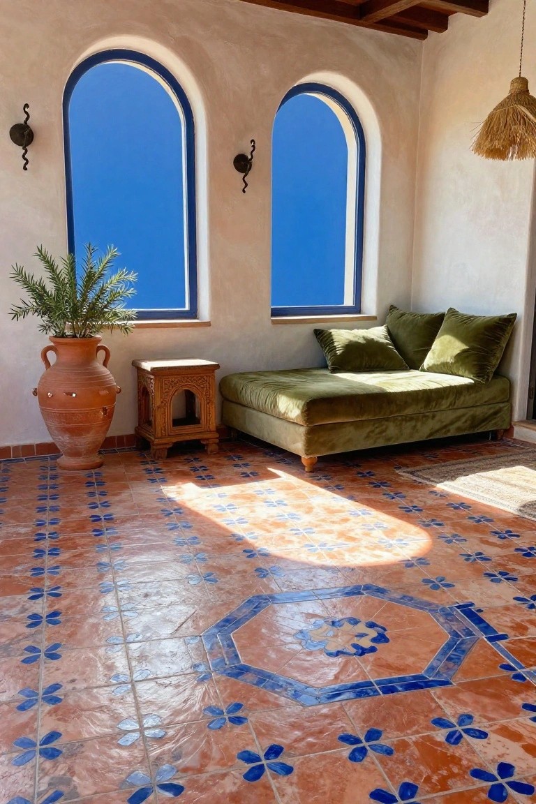 Sunlit interior corner with green velvet daybed on wooden legs, carved wooden side table, tall potted palm plant in terracotta urn, two arched windows with blue frames showing blue sky, and orange terracotta tile floor featuring blue floral patterns and central octagonal medallion.