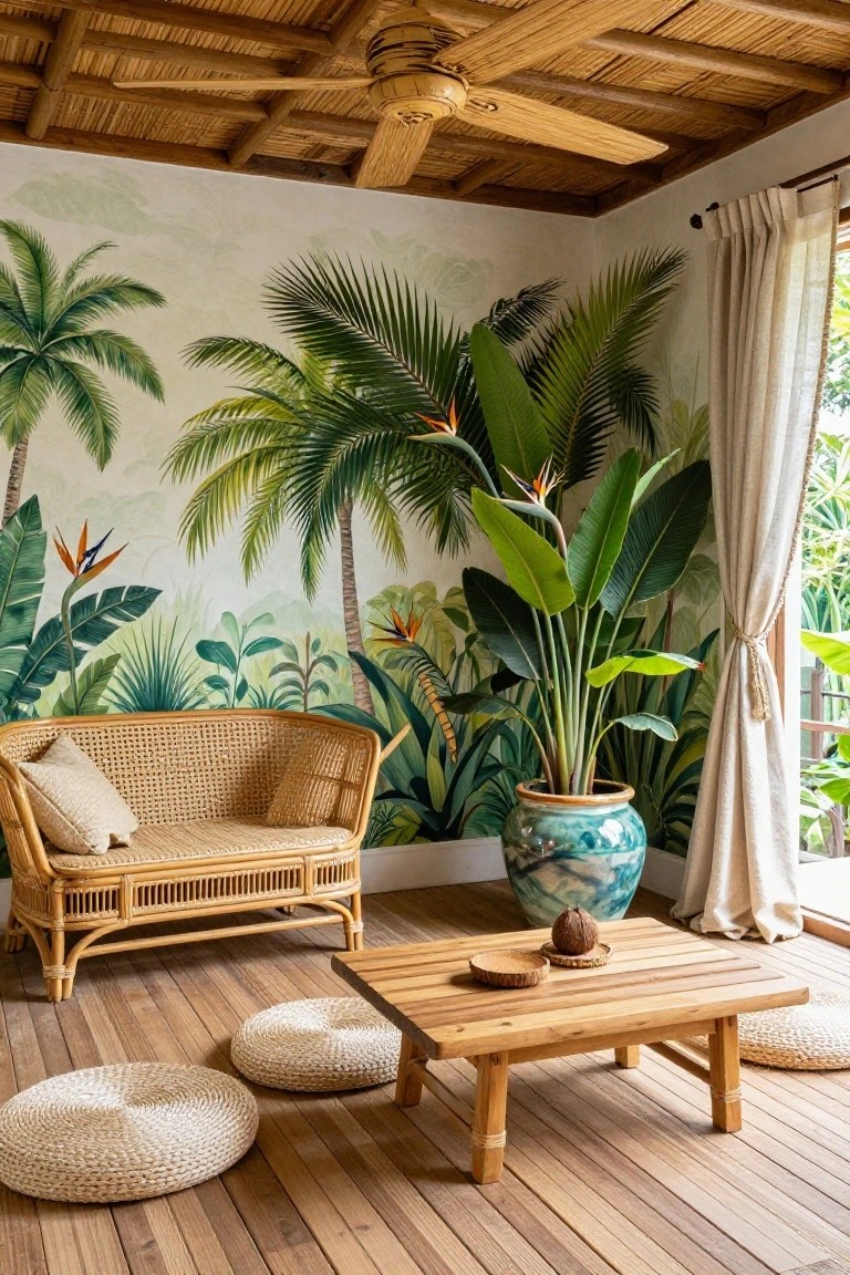 Sunroom interior with bamboo ceiling and fan, tropical wallpaper mural of green palms, ferns, and bird of paradise flowers, rattan armchair with cushions, tall potted bird of paradise plant in blue ceramic pot, low wooden table with coconut and wooden tray, woven floor cushions, sheer curtains, on wooden plank floor.
