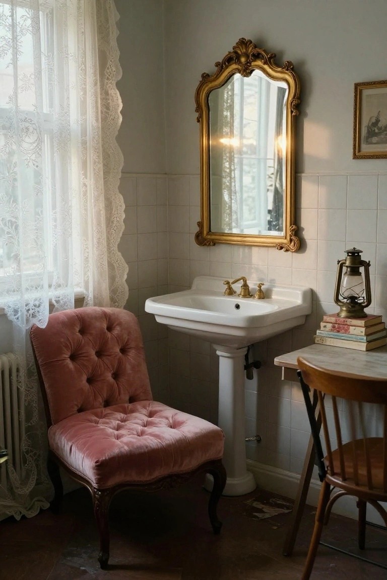 Small bathroom with white pedestal sink, gold ornate mirror above, pink tufted velvet chair beside sink, wooden chair at marble table with stacked books and brass lantern, lace curtains on window, tiled walls.