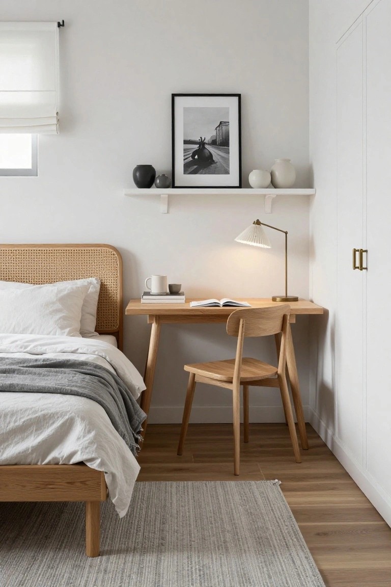 White bedroom with rattan headboard bed, wooden desk and chair in corner, brass lamp lit on desk with mug and book, floating shelf above with pottery and black-and-white photo, wooden floor and rug.