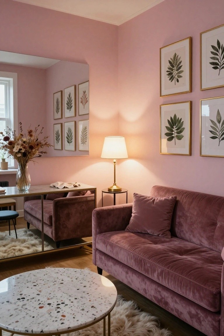 Blush pink interior room corner featuring a mauve velvet sofa, gold-framed leaf artwork, large mirror, brass lamp, glass table, and fluffy white rug on wood floors.