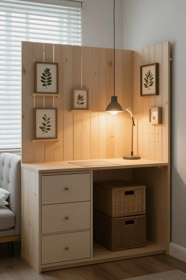 Corner wooden desk unit with light pine paneling, shelves holding framed pressed leaf artwork, desk lamp, three drawers, and stacked wicker baskets next to a beige sofa in a light room.
