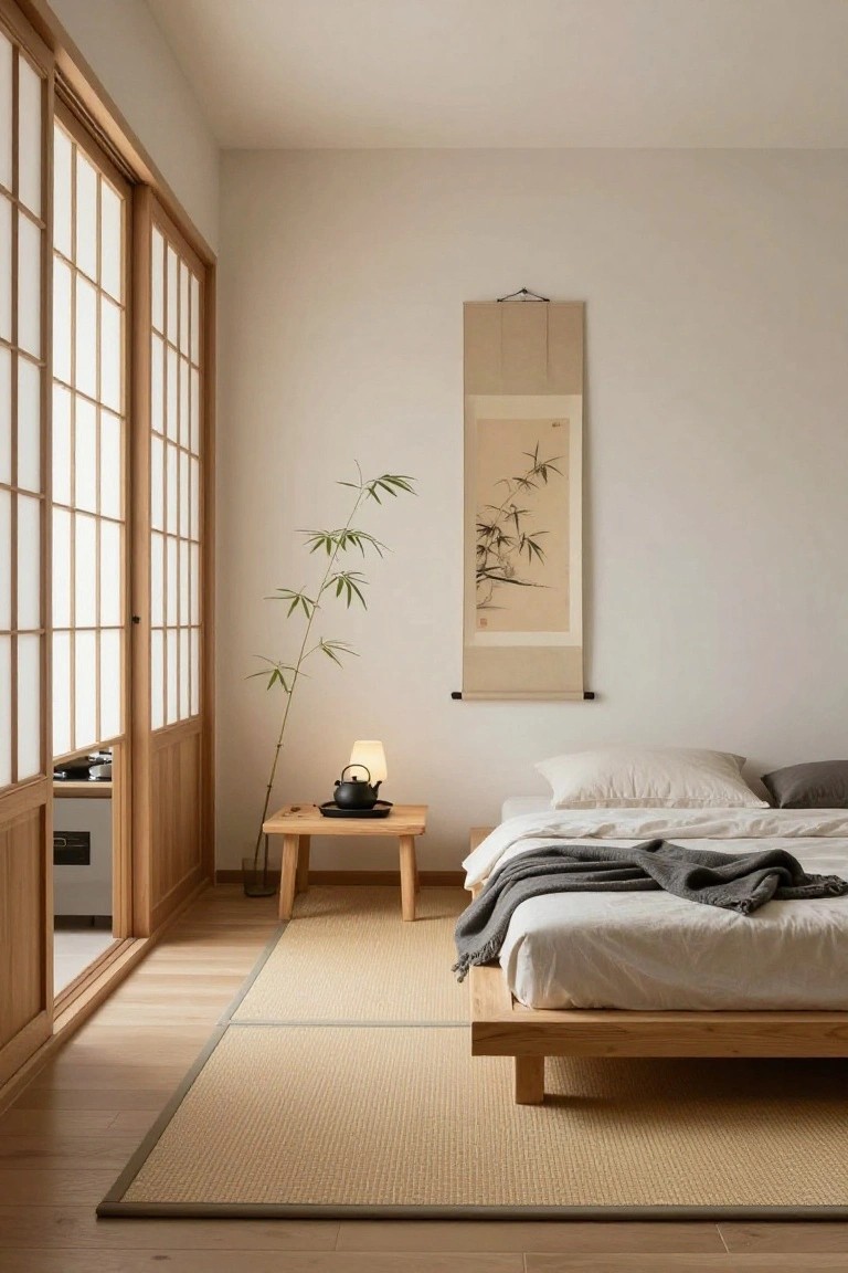 Minimalist Japanese-style bedroom with shoji sliding doors, low wooden platform bed with white bedding and gray throw, bamboo plant, small table with teapot lamp, and hanging ink scroll on white wall.