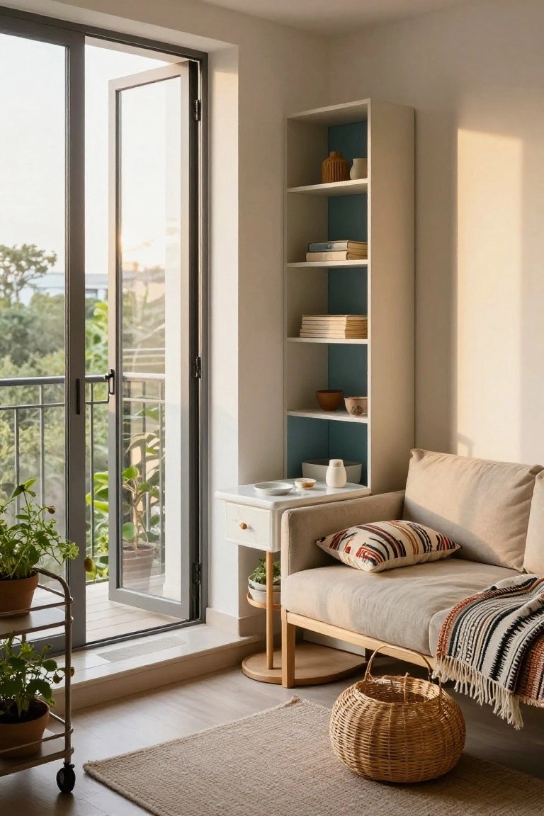 Small indoor living area featuring a tall white bookshelf with blue interior panels filled with books and ceramics, a beige sofa with patterned pillows and throw, potted plants, and open glass balcony doors showing greenery outside.