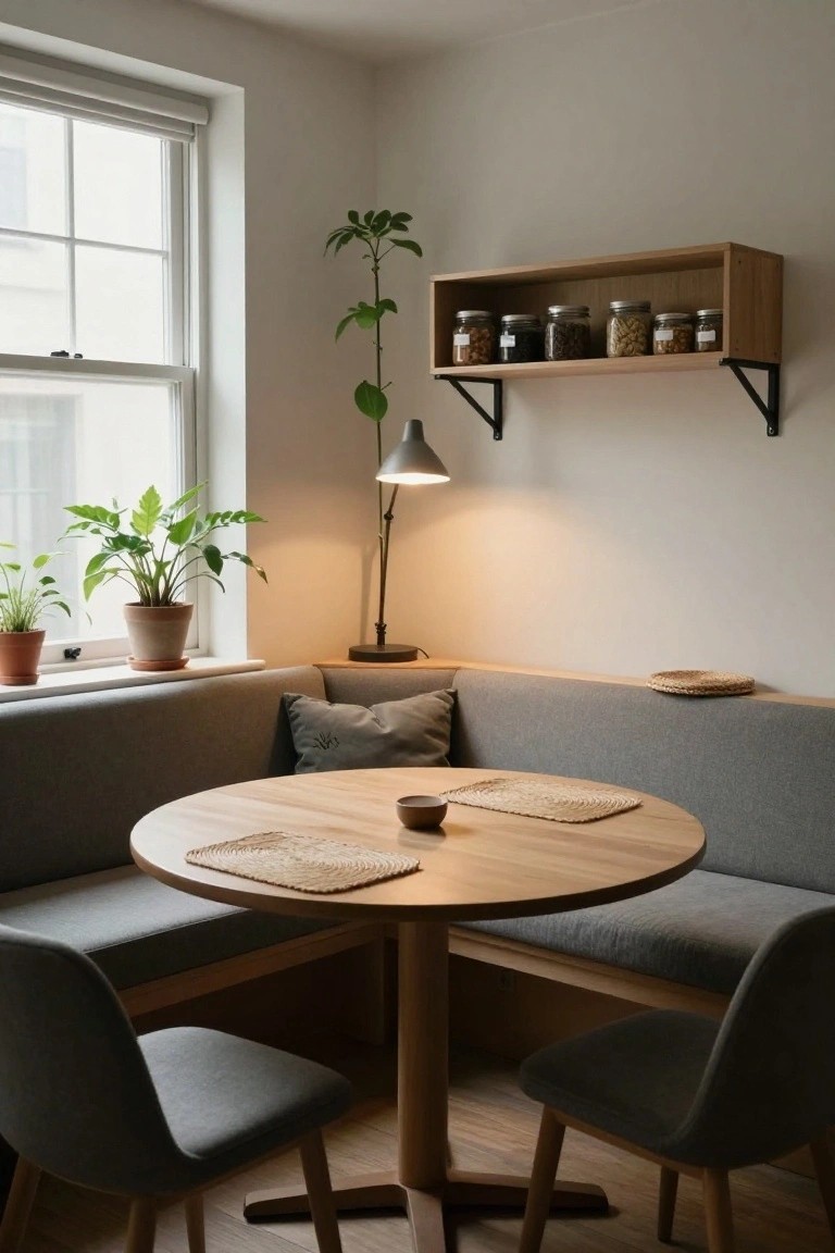 Gray upholstered corner booth seating around a round wooden table with woven placemats in a light room with plants, shelves of jars, and a lamp.