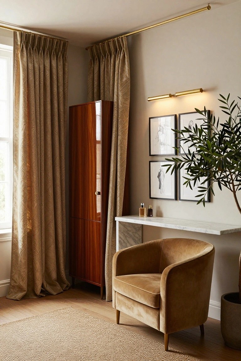 Corner of a light-colored room with tall wooden wardrobe, white marble console table holding perfume bottles, curved cream velvet armchair, potted olive tree, four framed black-and-white drawings on the wall, wall-mounted lights, and beige pleated curtains beside a window.