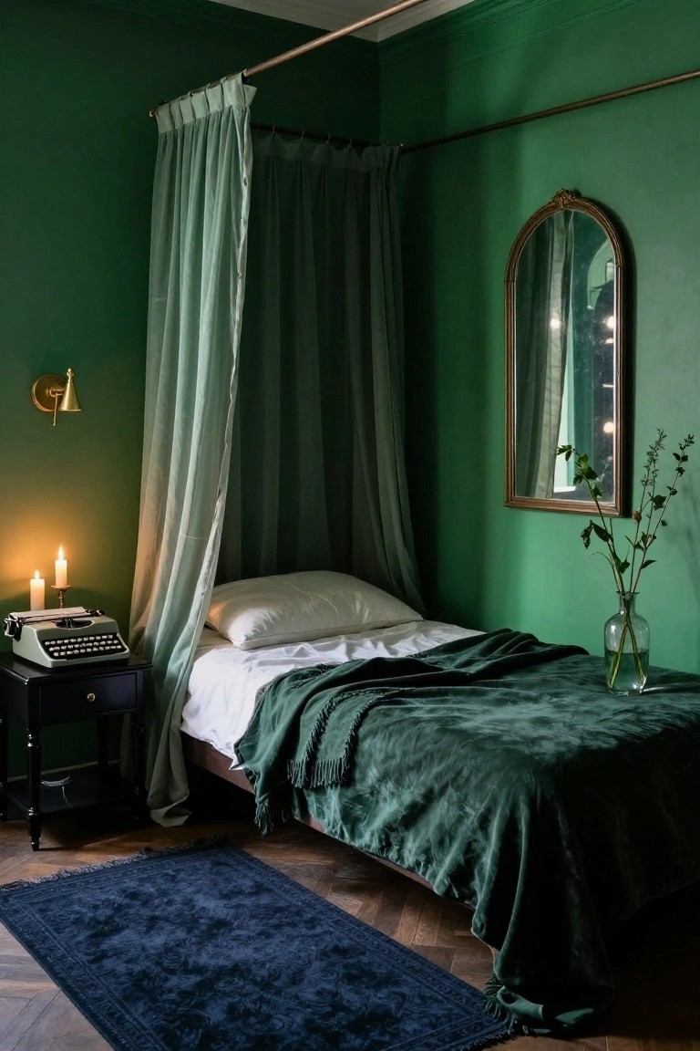 A small bedroom with emerald green walls, a canopy bed draped in sheer mint curtains from a copper rod over white bedding and a green throw, black side table holding a vintage typewriter and lit candles, arched gold mirror, green vase with branches, and navy rug on wooden floors.