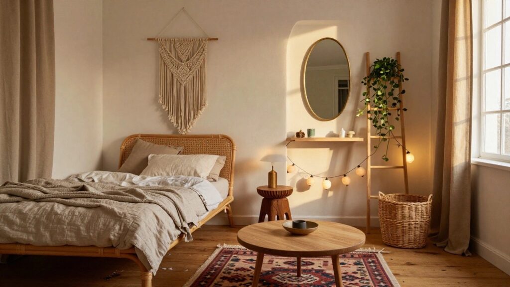 Sunlit cozy bedroom with rattan bed, wooden ladder shelf holding potted plants, gold mirror, macrame hanging, sheer curtains, and woven rug on wood floor.