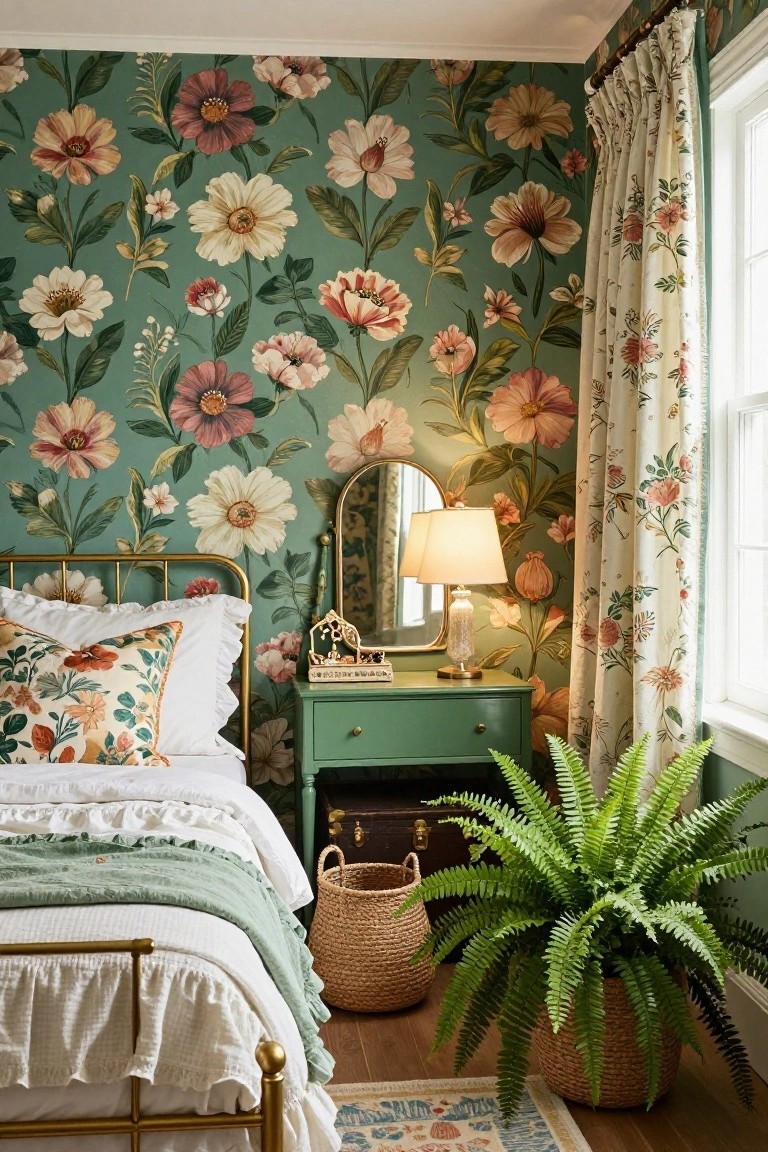 Bedroom corner with sage green floral wallpaper featuring large multicolored flowers, gold metal bed with white ruffled bedding and green throw, mint green dresser with round mirror and lamp, potted ferns in woven baskets, and patterned rug on wood floor.