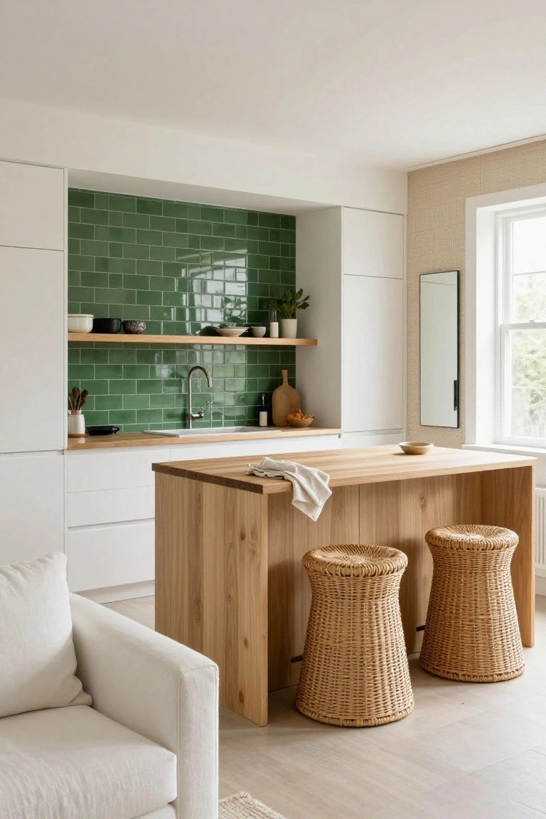 Kitchen with white cabinets, glossy green subway tile backsplash behind the sink, wooden center island with rattan stools, potted plants on open shelves, and a white sofa nearby.