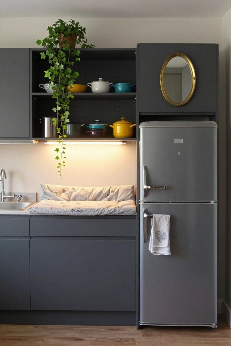 Modern kitchen featuring dark gray cabinets with open shelves holding colorful cookware and a trailing ivy plant, stainless steel sink, gray refrigerator, and wooden floor.