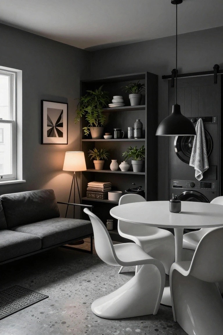 Compact studio interior with gray walls and sofa, open dark shelves holding plants and ceramics, dark sliding barn door over washer and dryer, white round table with white molded plastic chairs, tripod floor lamp, and polished concrete floor.