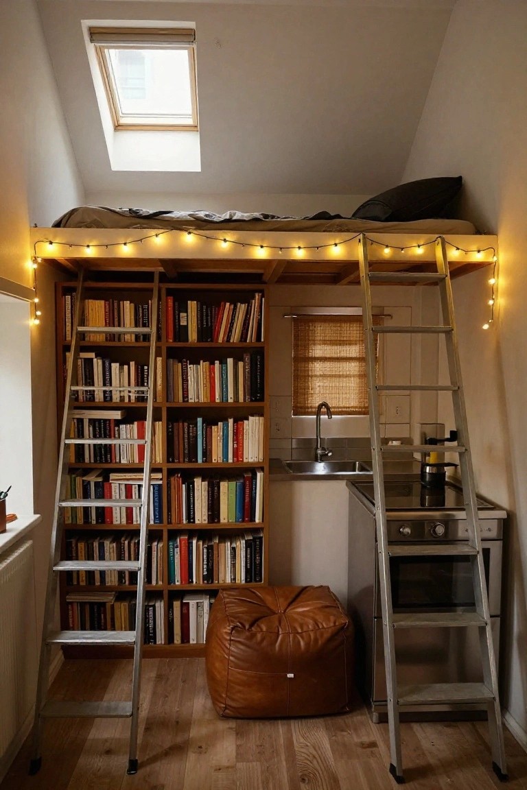Small interior studio apartment with wooden loft bed platform above tall bookshelves filled with books, aluminum ladders leaning against shelves, compact kitchenette with sink and stove, brown leather pouf on wooden floor, and string lights along the loft edge.