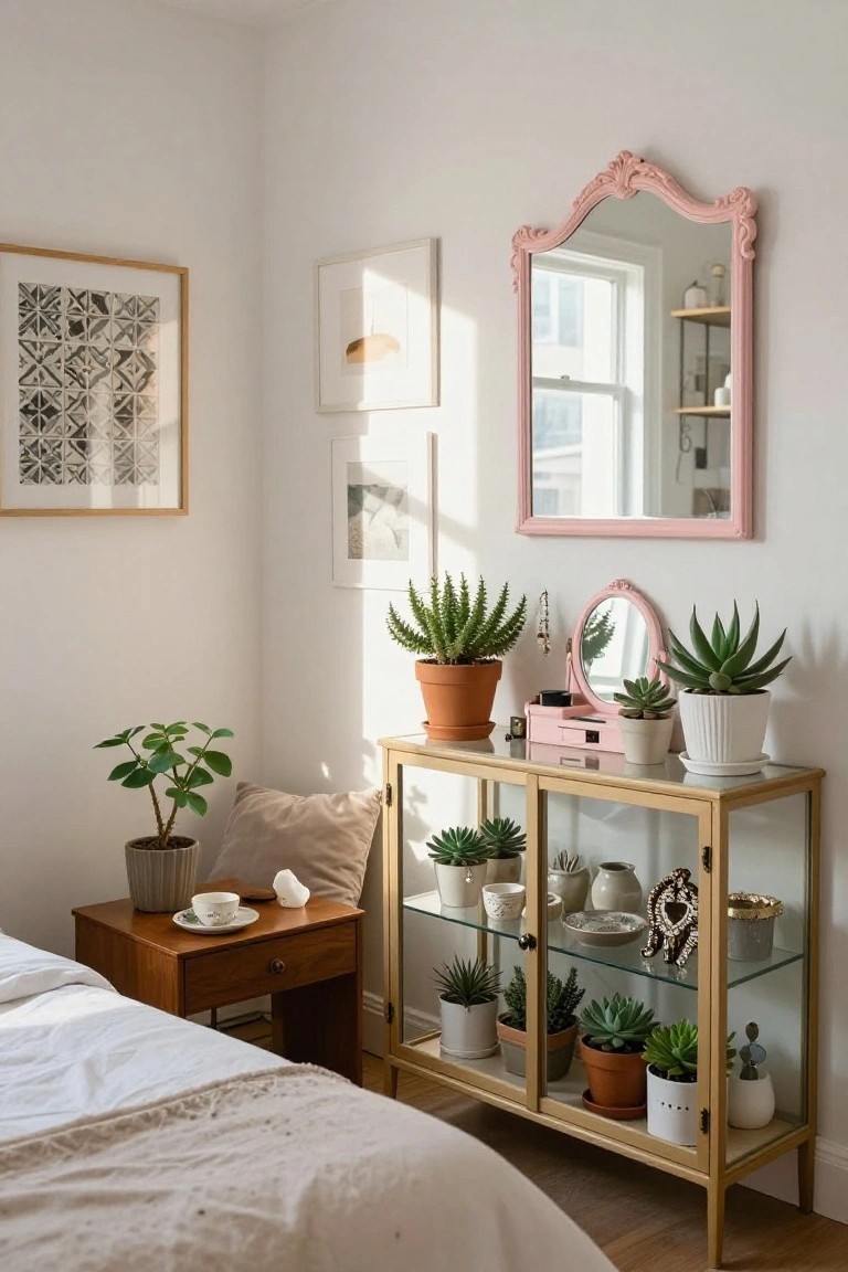 Bedroom corner with gold glass display cabinet holding potted succulents, cacti, and ceramics on shelves, next to wooden nightstand, bed with white bedding, and pink mirrors on white walls.