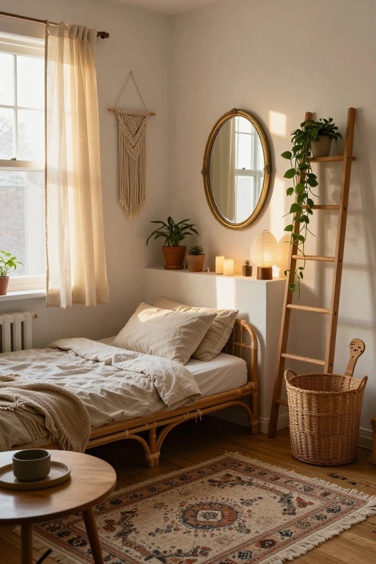 Sunlit cozy bedroom with rattan bed, wooden ladder shelf holding potted plants, gold mirror, macrame hanging, sheer curtains, and woven rug on wood floor.