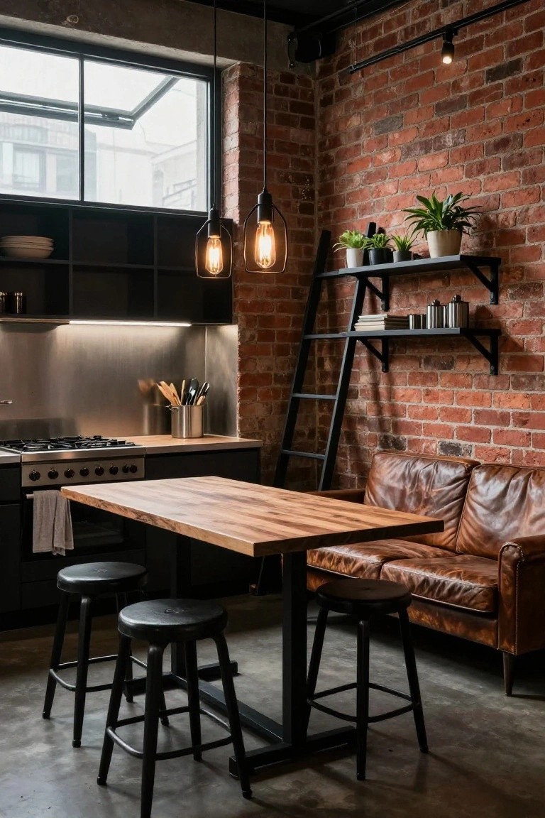 Exposed brick wall in an industrial-style open-plan kitchen with black cabinets, stainless steel backsplash, wooden table on black metal legs, black stools, utensils on counter, and adjacent brown leather sofa.