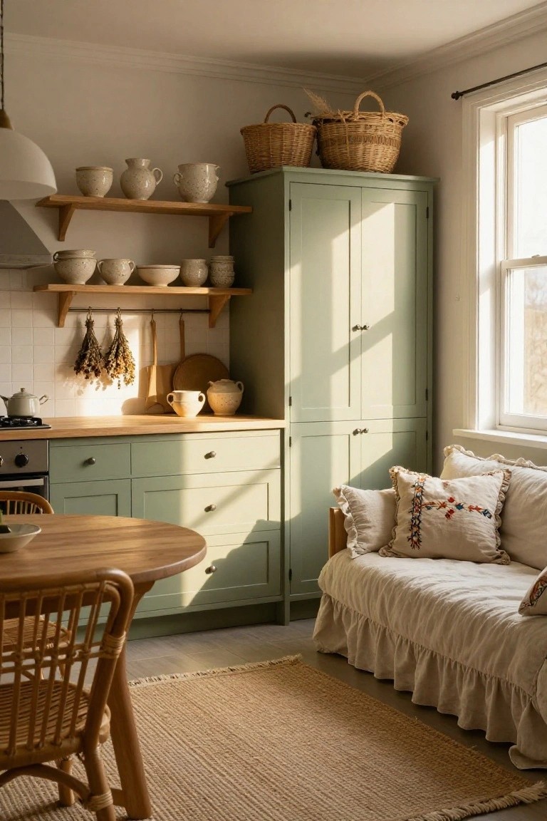 Light-filled kitchen interior with sage green cabinets, wooden shelves displaying ceramics and baskets, wooden cooking utensils hanging on tiled wall, wooden countertop with stove, round wooden table with rattan chairs, and adjacent white skirted daybed with embroidered pillows on seagrass rug.