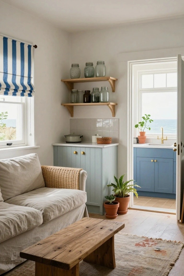 Corner of a light-filled room with a beige linen sofa on rattan base, low wooden coffee table, pale blue kitchen cabinets with gold handles, wooden shelves holding glass jars, potted plants, and an open door revealing the sea.