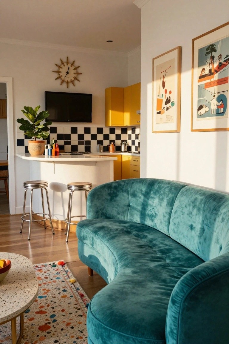 Studio apartment interior with yellow kitchen cabinets, black-and-white checkerboard tile backsplash, curved white bar counter with chrome stools, large curved teal velvet sofa, wooden floor, colorful rug, and framed art on white walls.