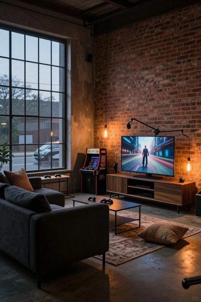 Industrial living room with exposed brick walls, metal beams, large window overlooking street, gray L-shaped sofa, wooden TV console displaying racing game on screen, red arcade machine, adjustable pendant lamps with bulbs, gaming controllers on tables, and floor rug.