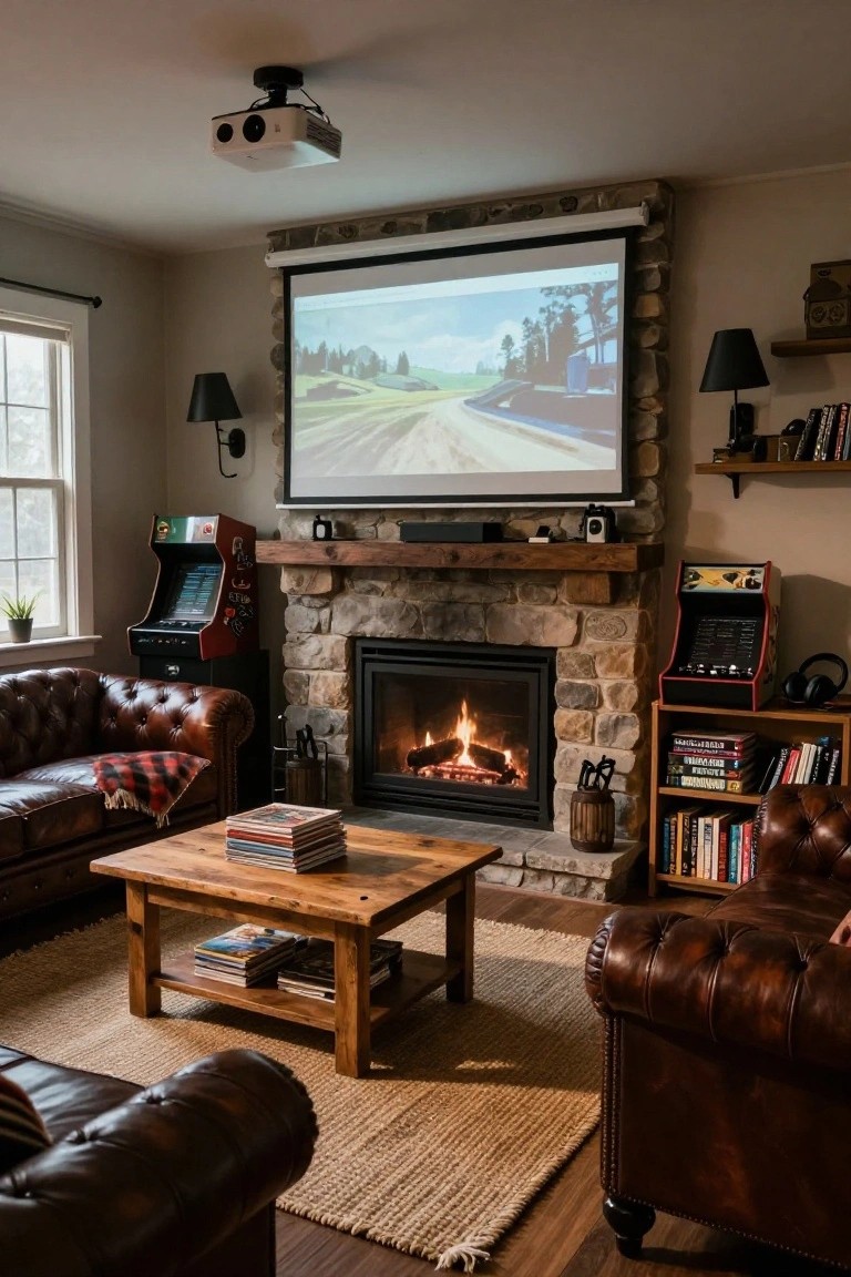A cozy living room with a stone fireplace burning, two arcade cabinets on either side, tufted brown leather sofas, wooden coffee table with stacked magazines, projector screen showing a video game landscape, wall shelves with books and games, and wall lamps.