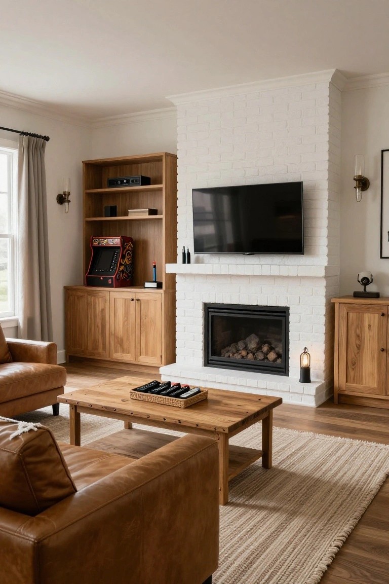 Living room with tan leather sofas around a wooden coffee table on a rug, white brick fireplace with mounted TV above, wooden built-in cabinets housing a red arcade machine, and oak side cabinets.