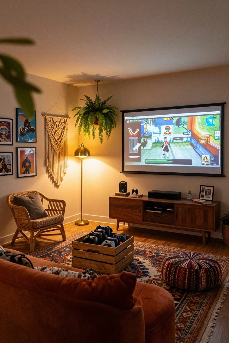 Cozy living room with projector screen showing a video game, terracotta sofa, rattan armchair with cushion, hanging ferns and macrame, wooden media console with PlayStation controllers in a crate, and patterned rug.