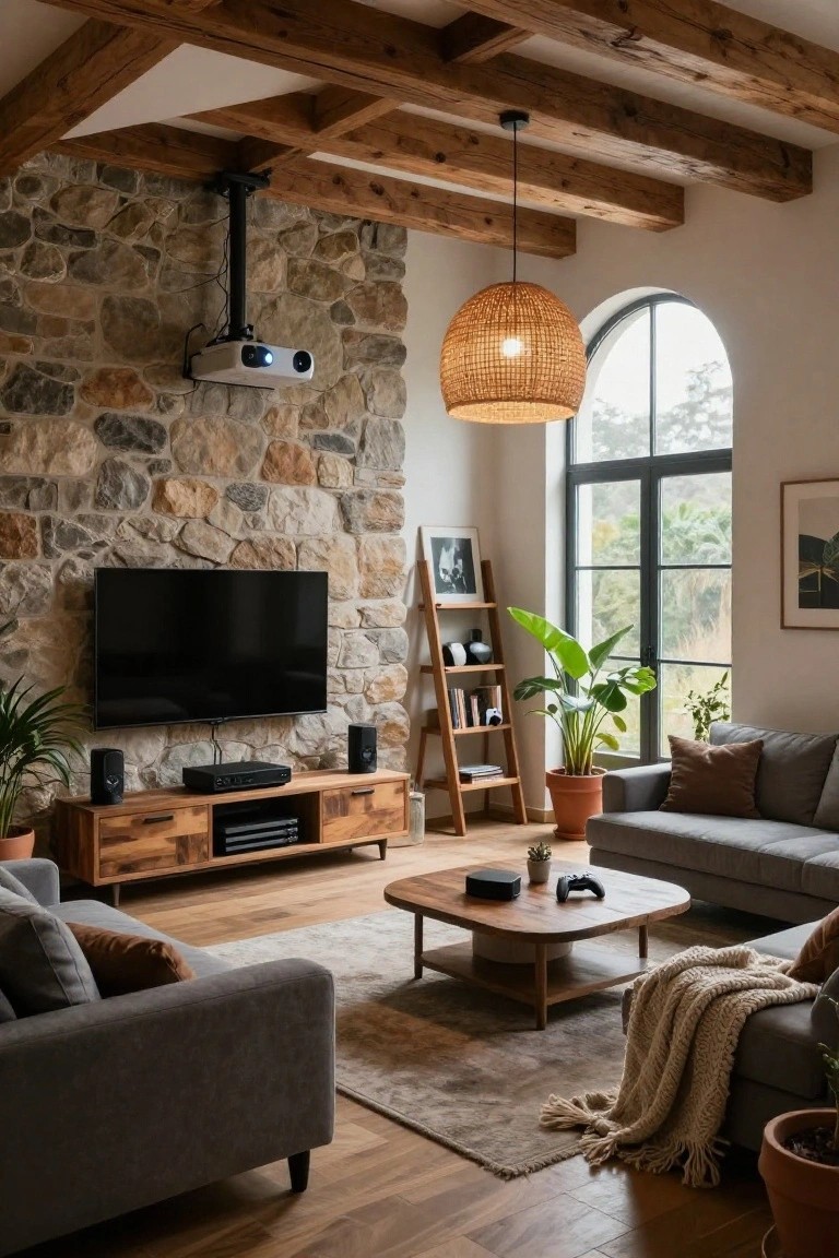 Living room interior with exposed wooden ceiling beams, stone accent wall holding a wall-mounted TV and projector, gray L-shaped sofa, wooden media console and coffee table, potted plants, ladder shelf, and large arched window.