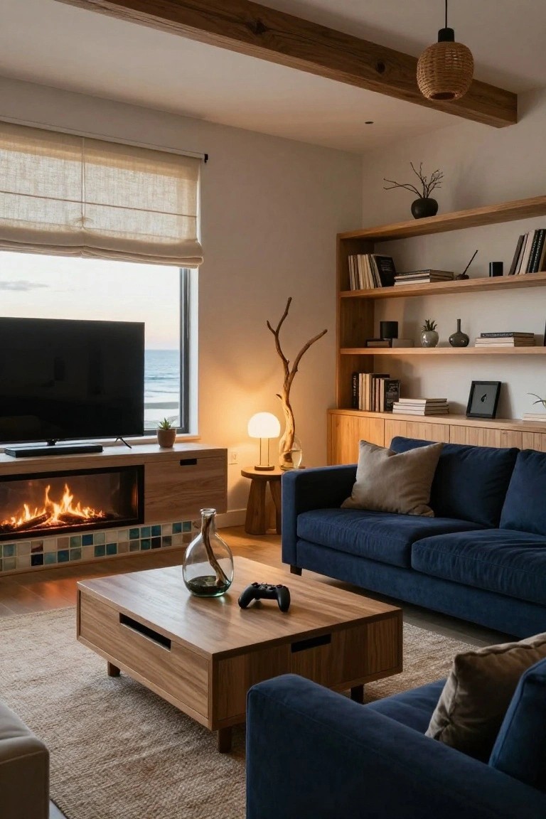 A living room featuring a wooden built-in TV stand with fireplace below, navy blue velvet sofa, wooden coffee table with game controller, bookshelves, large window with ocean view, and floor lamp.